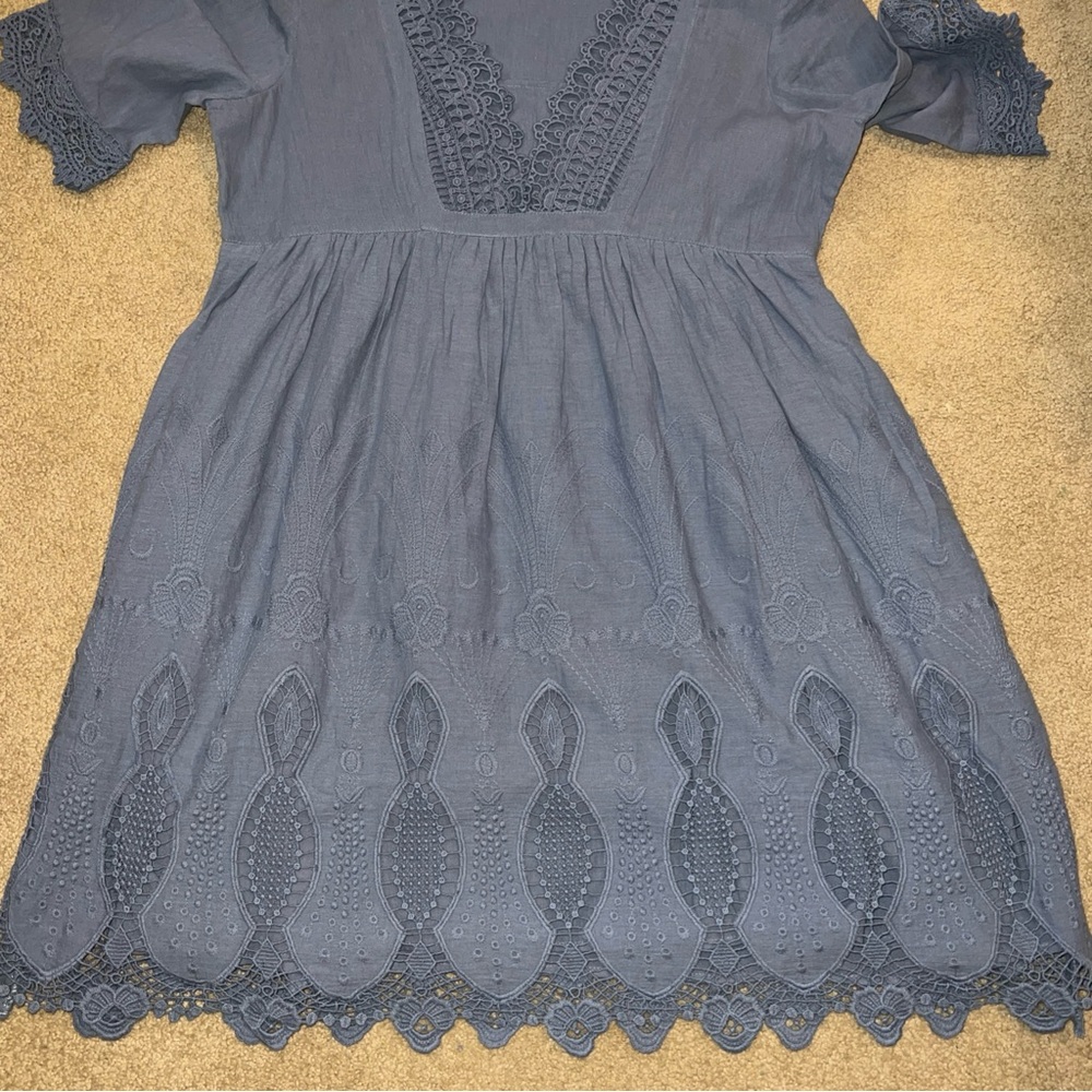 Sundance Dress Nahla Embroidered Eyelet Lace PMed Cotton Blue Boho Cottage EUC